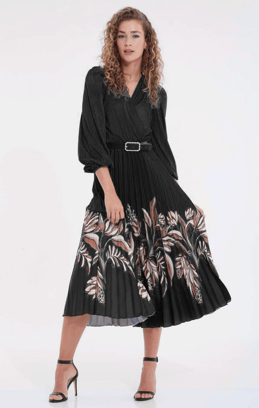 Black & Brown Floral Short Sleeves V-Neck Dress